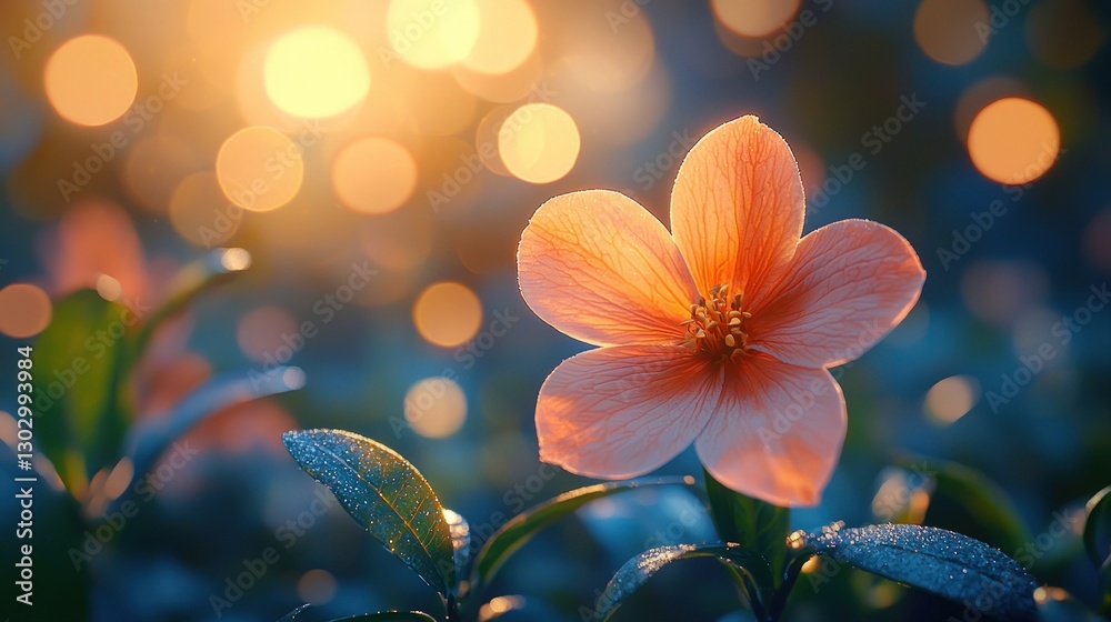 Single peach blossom backlit by warm sunset bokeh. Single peach blossom backlit by warm sunset bokeh.