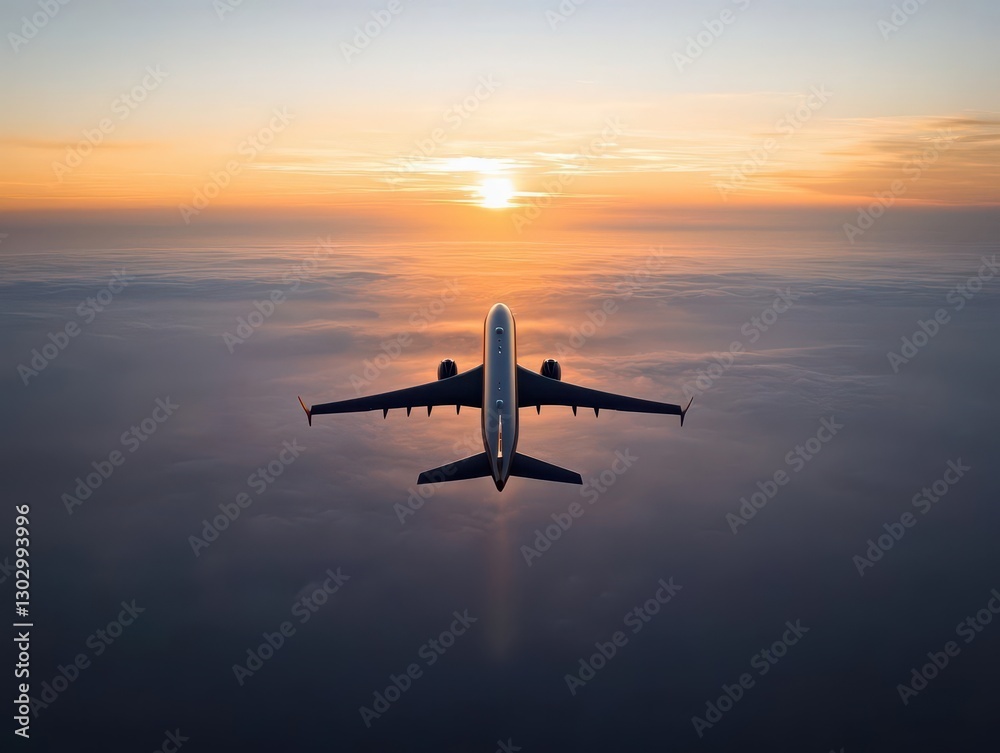 Naklejka premium Aerial view of an airplane casting a shadow on the clouds, illuminated by a vibrant sunrise
