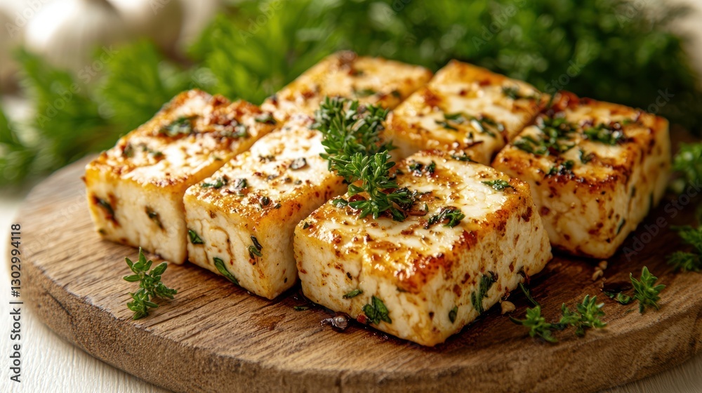 Grilled Feta Cubes on Wooden Board with Herbs, Garlic, and Parsley