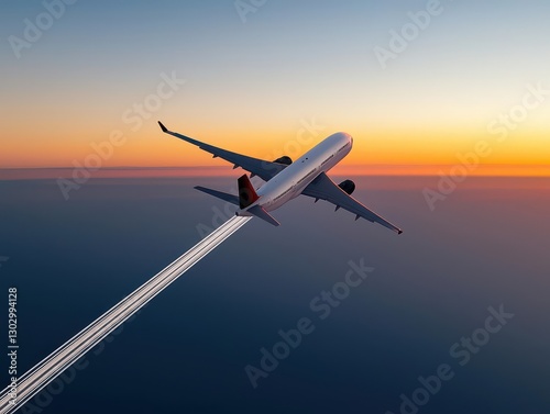 Airplane leaving a trail in the sky as it flies toward a bright and golden sunrise
