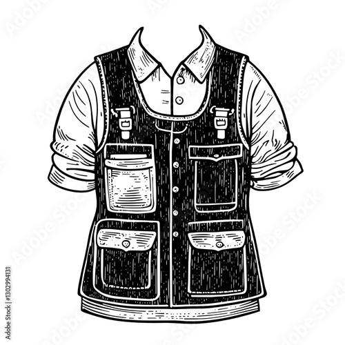 Engraved illustration of a practical vest with multiple pockets and a collared shirt displayed on a plain background