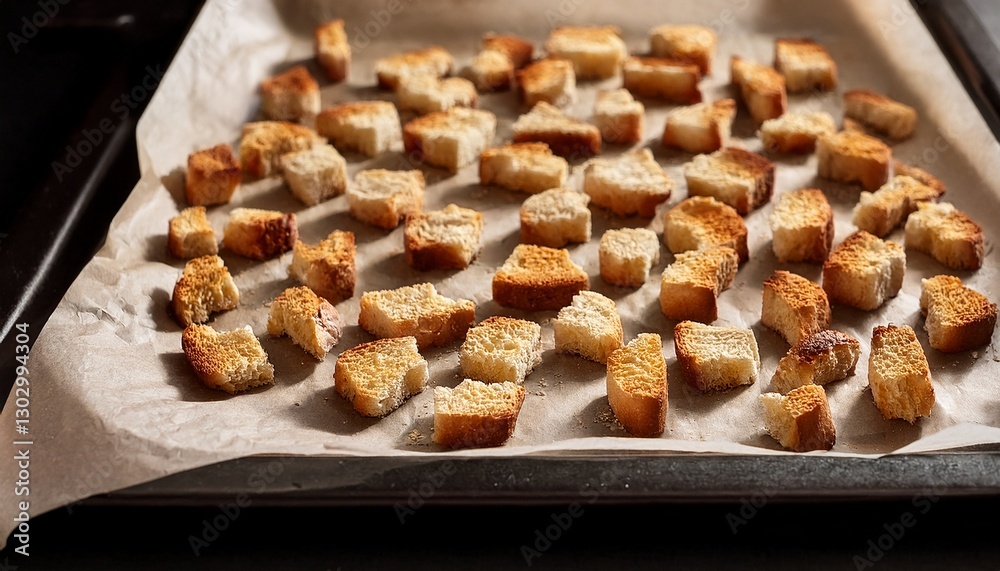 Layer of homemade croutons on a baking sheet lined with a parchment paper Layer of homemade croutons on a baking sheet lined with a parchment paper