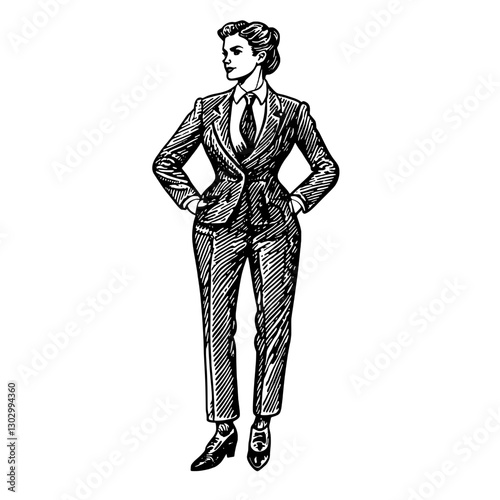 Stylish woman in formal suit standing confidently, showcasing elegance and poise in a professional setting