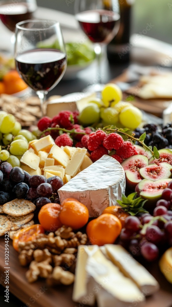 A colorful spread features an array of fresh fruits, various cheeses, and crunchy snacks, beautifully presented alongside glasses of rich red wine, perfect for a relaxing gathering A colorful spread features an array of fresh fruits, various cheeses, and crunchy snacks, beautifully presented alongside glasses of rich red wine, perfect for a relaxing gathering
