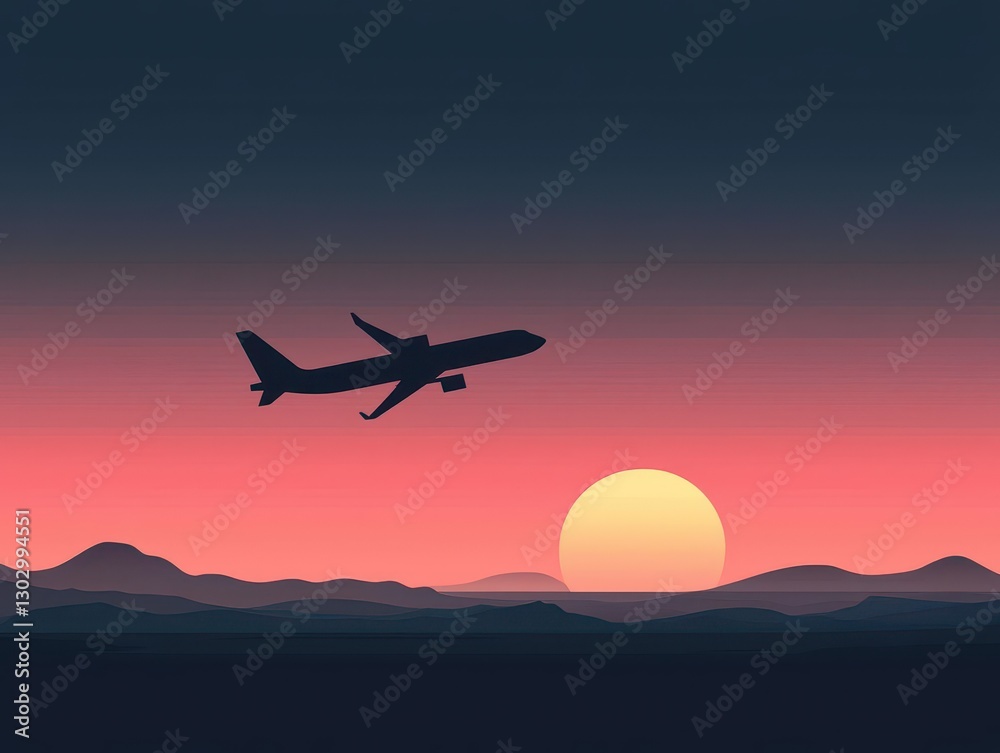 Silhouetted airplane climbing into the horizon, framed by vibrant sunrise gradients Silhouetted airplane climbing into the horizon, framed by vibrant sunrise gradients