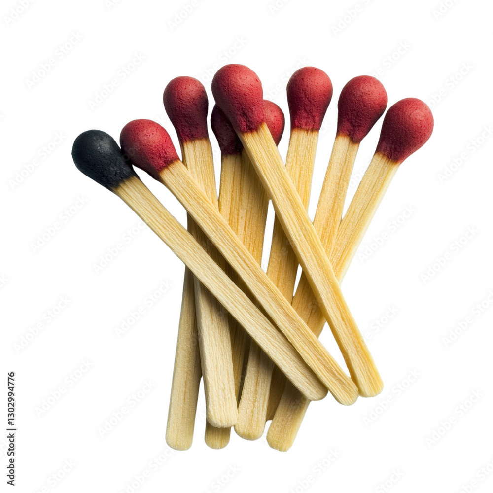 A Spark of Contrast: A collection of wooden matches, their red tips a striking contrast against one charred stick, a symbol of change and potential A Spark of Contrast: A collection of wooden matches, their red tips a striking contrast against one charred stick, a symbol of change and potential