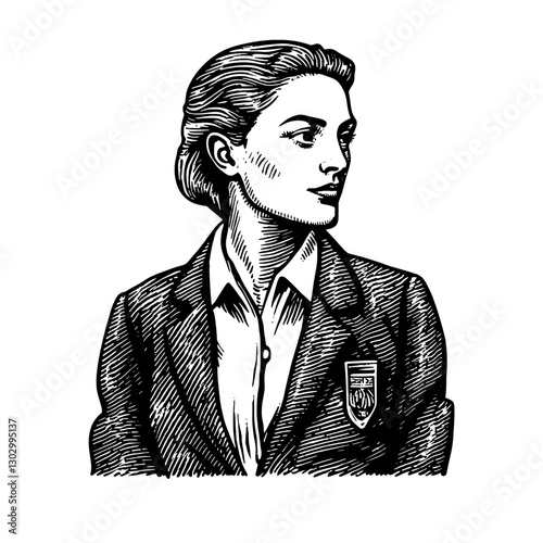 Engraved illustration of a woman in a blazer with a badge, portraying a confident demeanor in a formal setting