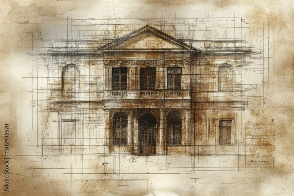 Fototapeta premium Architectural sketch of classic building facade design.