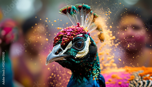 Holi Festival of Colours Animal Concept, cute Holi festival Peacock, colourful powder explosion, Holi festival flowers, cinematic lighting, Indian Hinduism festival, vibrant Holi festive colours