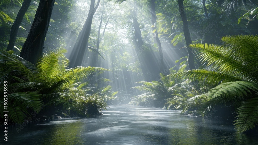 Obraz premium Lush Forest Stream with Sun Rays Shining Through the Dense Canopy