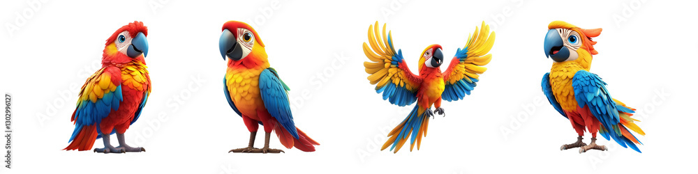 Set of colorful tropical parrots showing various poses and features isolated on transparent background, Cutout PNG Set of colorful tropical parrots showing various poses and features isolated on transparent background, Cutout PNG
