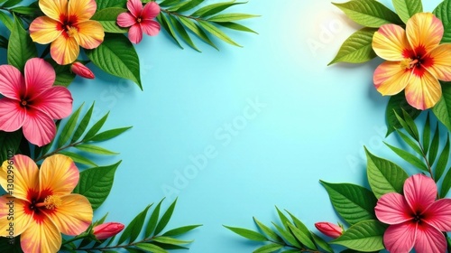 Vibrant Hibiscus Flowers and Lush Tropical Foliage Create a Sunny Summer Border on a Light Blue Background