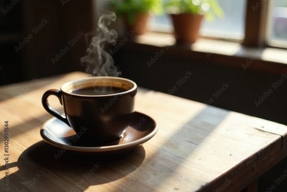 Aromatic Dark Coffee in a Brown Mug on Wooden Table in Sunlight Aromatic Dark Coffee in a Brown Mug on Wooden Table in Sunlight