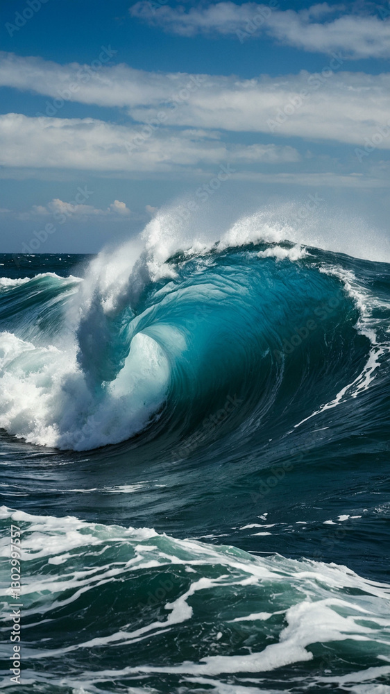 Naklejka premium Deep blue ocean waves crashing against rocky cliffs.