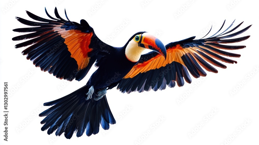 Fototapeta premium Tropical Toucan in Flight on White Background