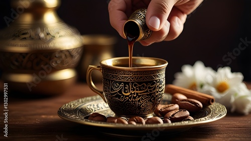 Arabic coffee being poured into a traditional cup with Eid Mubarak theme photo