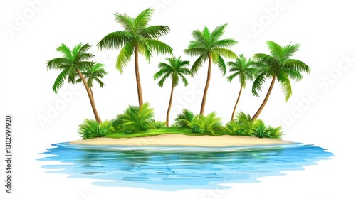 Tropical Island with Palm Trees on White Background