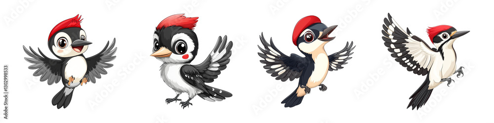 Obraz premium Set of cartoon woodpeckers in various playful poses isolated on transparent background, Cutout PNG