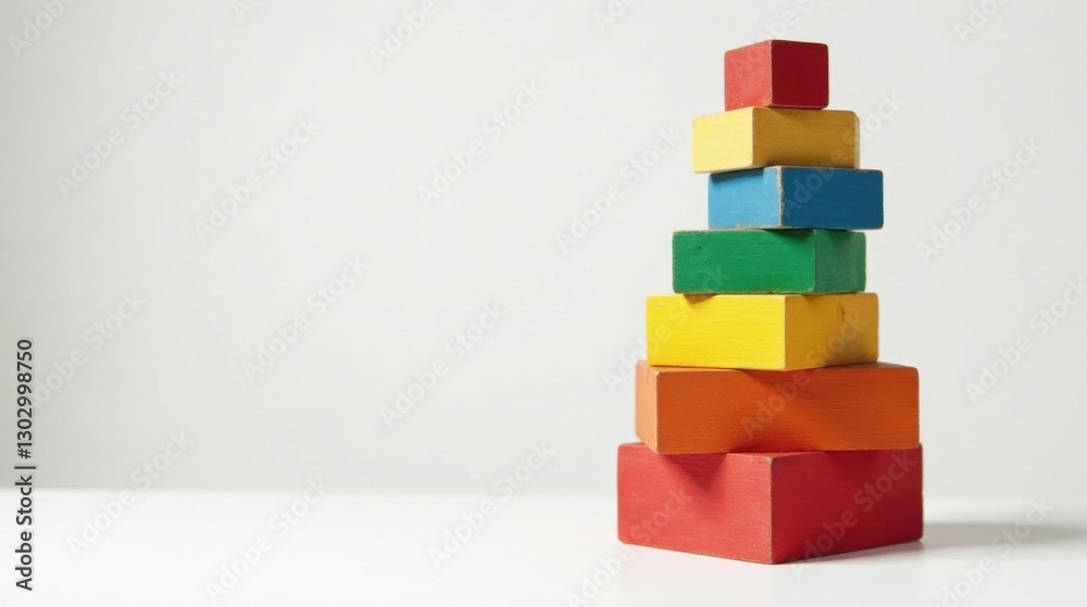Colorful Wooden Blocks Stacked in a Pyramid Shape on a White Surface