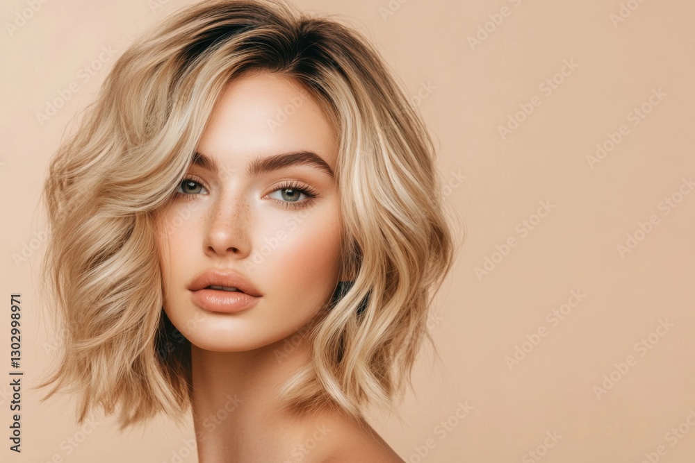 a beautiful blonde woman with a wavy bob haircut, set against a beige background a beautiful blonde woman with a wavy bob haircut, set against a beige background