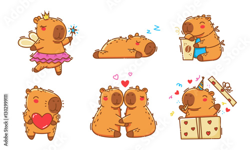Cute capybaras set. Sticker or print collection for clothes, isolated on white background. Vector illustration.