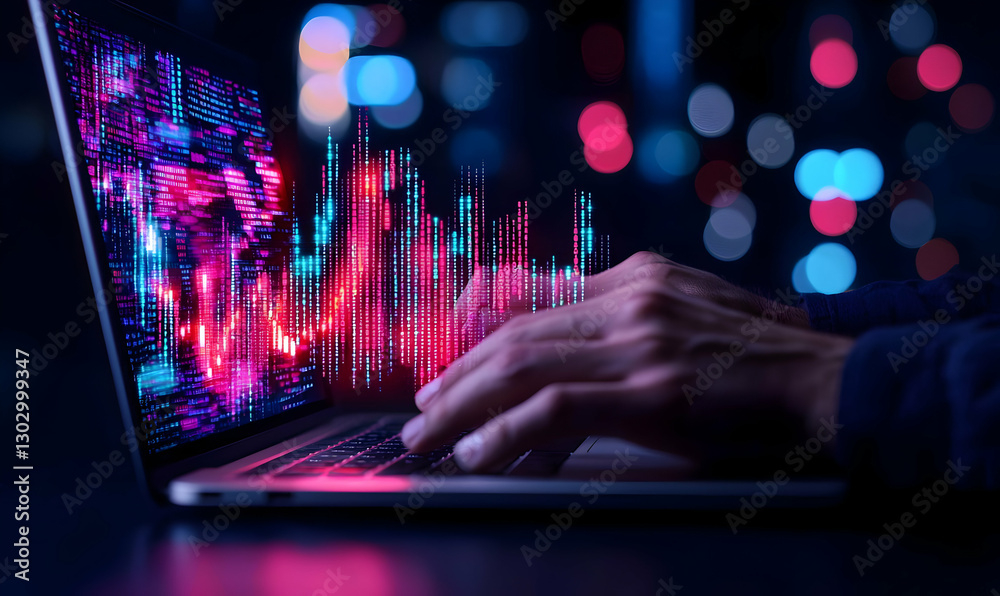 Hands Typing on Laptop with Digital Data Visualizations at Night Hands Typing on Laptop with Digital Data Visualizations at Night