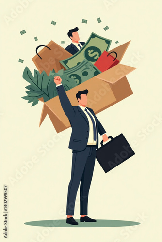 Overburdened businessman carrying multiple items, symbolizing financial responsibilities and family support obligations
