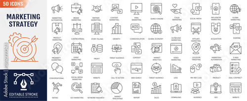 Marketing strategy line icon set. Editable stroke. Containing as digital marketing, SEO, marketing automation, social media marketing, and more. Vector illustration
