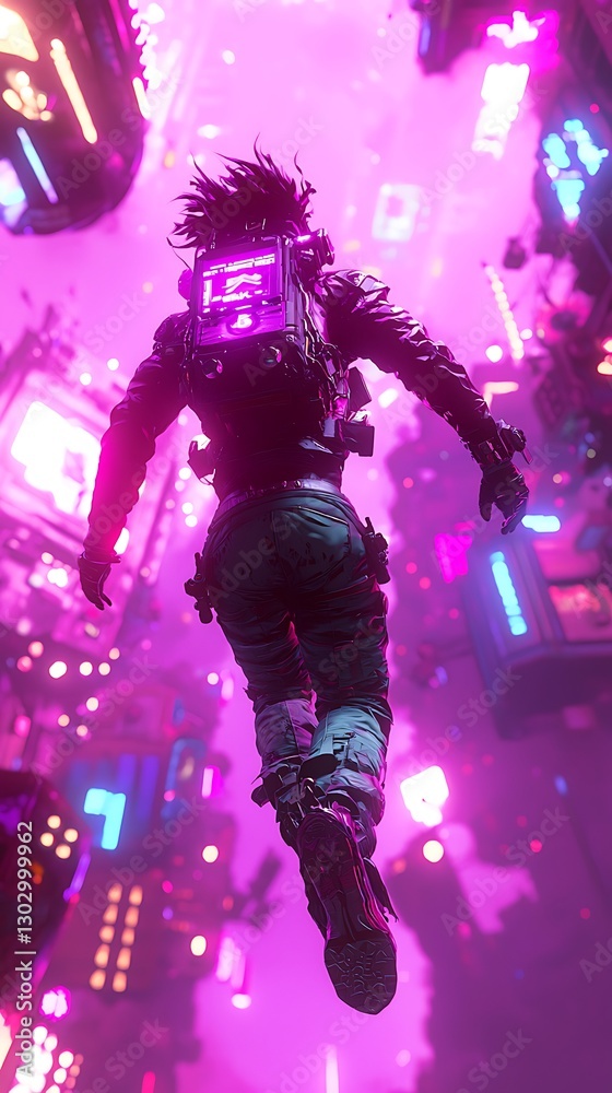 Immersive Leap, Cyberpunk Adventurer Soaring Through a Neon-Lit Metropolis Immersive Leap, Cyberpunk Adventurer Soaring Through a Neon-Lit Metropolis