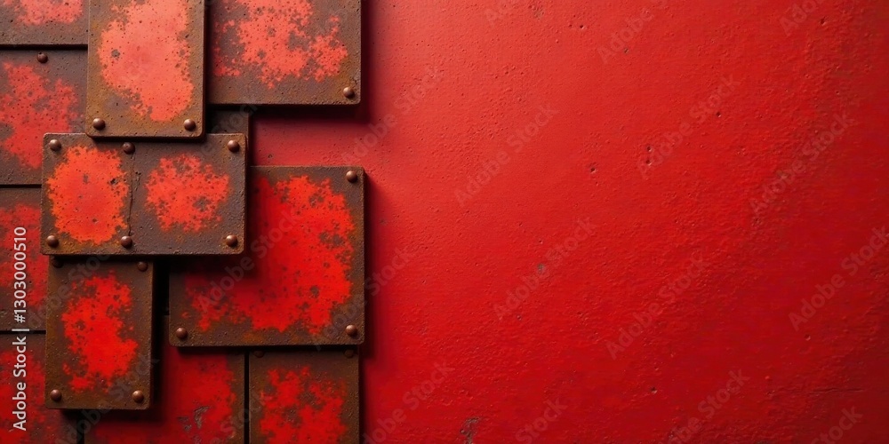 Rustic Red Metal Plates Adorn a Vivid Crimson Wall, Creating a Striking Textural Contrast and a Bold Visual Statement Rustic Red Metal Plates Adorn a Vivid Crimson Wall, Creating a Striking Textural Contrast and a Bold Visual Statement