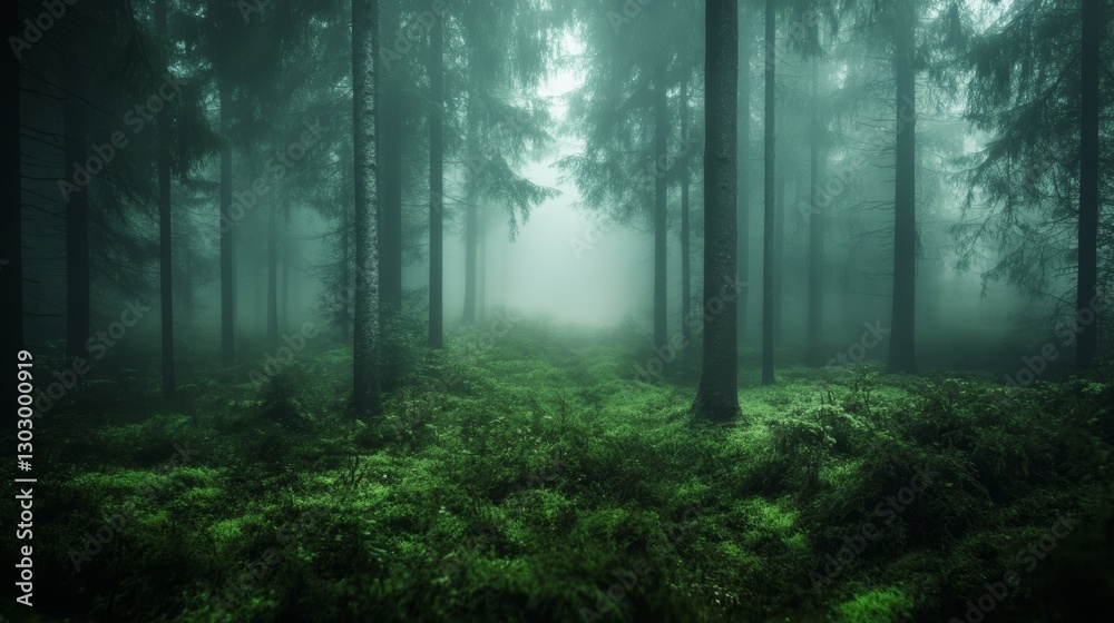 Fototapeta premium Enigmatic Foggy Forest Path: A Mystical Journey into the Green Depths