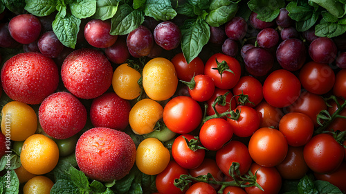 Vibrant Summer Fruits and Vegetables Bounty: A Colorful Collection of Tomatoes, Plums, Nectarines, and Grapes