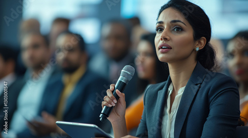 Young Woman Business Suit Is Speaking Into Microphone Conference Meeting. Looking Appears Engaged Audience. Blurred Shows Other Attendees.
