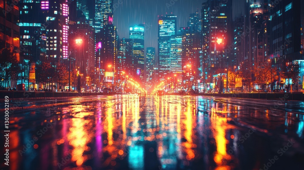Fototapeta premium Cityscape at Night After Rain with Reflections of Neon Lights