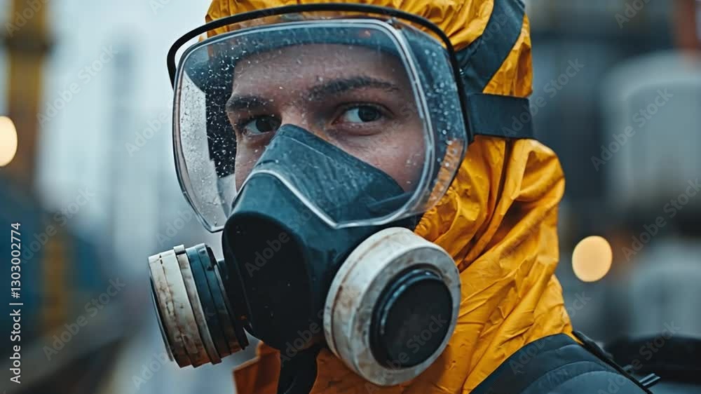 Guardian of the Unknown: A person in a vibrant yellow hazmat suit and gas mask stands vigilant, their determined gaze meeting the viewer, embodying preparedness and protection. Guardian of the Unknown: A person in a vibrant yellow hazmat suit and gas mask stands vigilant, their determined gaze meeting the viewer, embodying preparedness and protection.