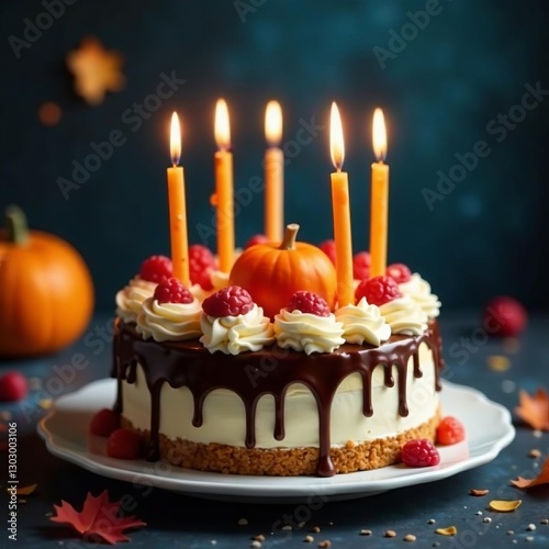 Vibrant happy birthday cake for october celebration with glowing candles, celebration, vibrant