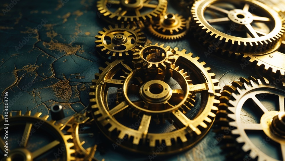 Gold gears are meticulously arranged on a textured background, highlighting the intricate design and craftsmanship of mechanical artistry. This composition emphasizes the beauty of vintage machinery Gold gears are meticulously arranged on a textured background, highlighting the intricate design and craftsmanship of mechanical artistry. This composition emphasizes the beauty of vintage machinery