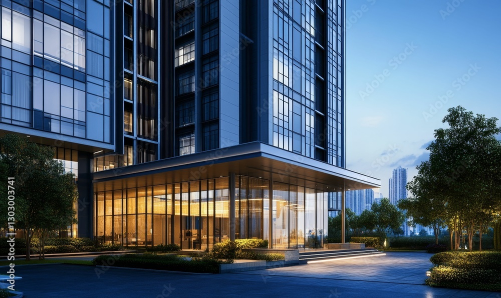 Obraz premium Modern high-rise glass building architecture at dusk.