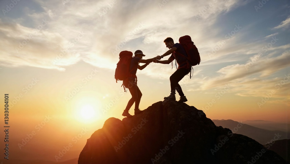 Fototapeta premium Reaching New Heights: Two Adventurers Climbing a Mountain and Helping Each Other at Sunrise