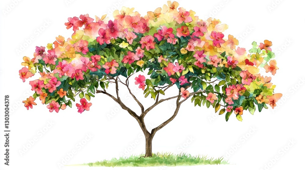 Obraz premium Vector Watercolor Blooming Flower Tree on White Background