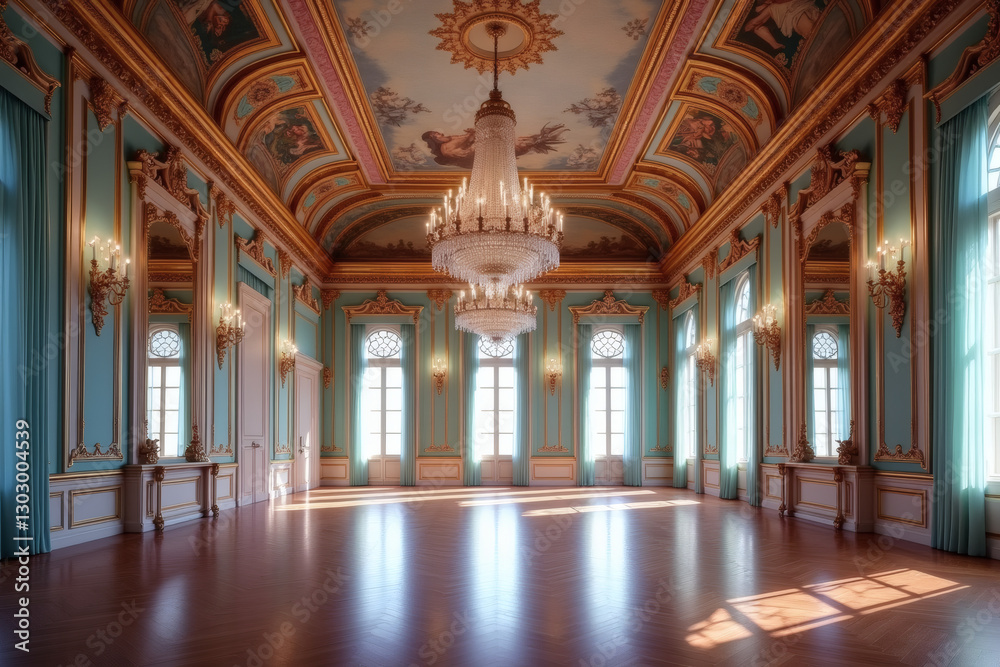 Fototapeta premium The image depicts a luxurious baroque-style ballroom with intricate decorations, frescoes, and turquoise accents, complemented by arched windows and fuchsia-framed mirrors.