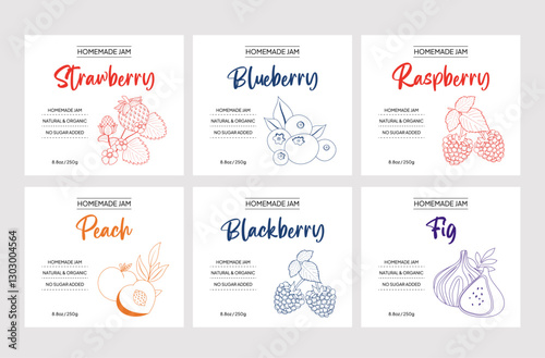 Vector illustration set of design labels with strawberry, blueberry, raspberry, peach, blackberry and fig fruits - simple linear style. Emblems composition with fruits and typography.