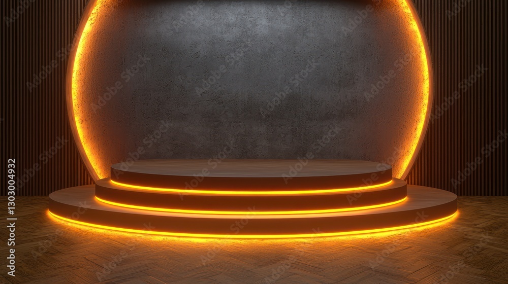 Illuminated, circular, tiered, podium display in modern, dark gray, concrete wall, wooden floor setting Illuminated, circular, tiered, podium display in modern, dark gray, concrete wall, wooden floor setting