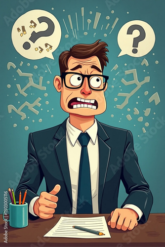 Stressed Businessman Grapples with Complex Problems and Uncertainty at Work