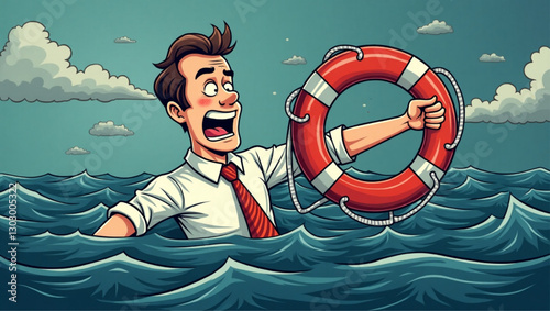 Struggling businessman in a stormy sea, reaching for a life preserver to survive business challenges