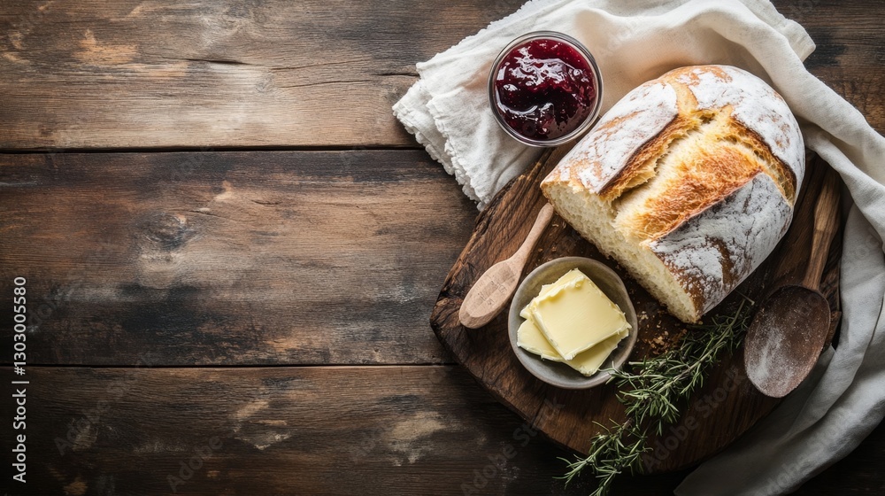 Fototapeta premium Freshly baked bread on a wooden table with butter and jam, rustic style, natural lighting