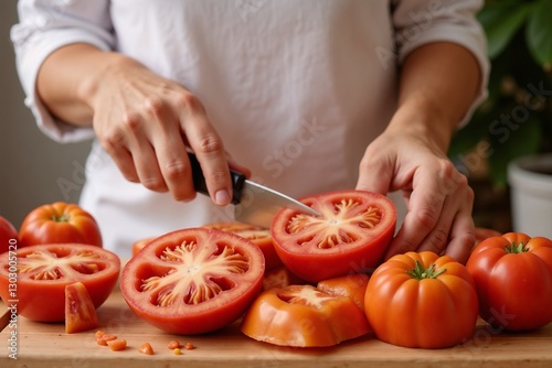 Person slicing ripe tomatoes in a kitchen with fresh vegetables on a wooden cutting board