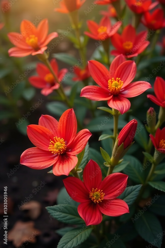 Obraz premium Vibrant red and orange flowers with fall foliage, background, autumn, nature