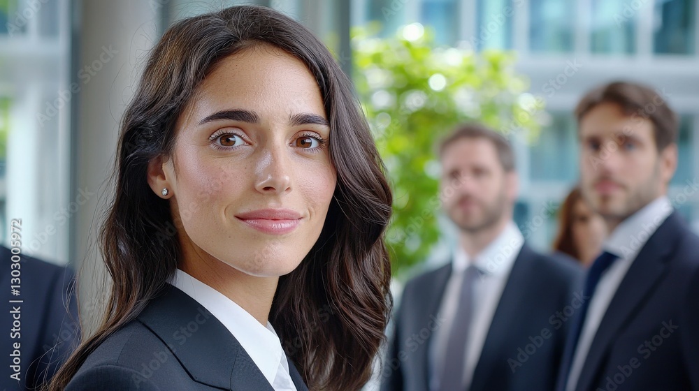 Professional woman in an office setting with colleagues behind. Professional woman in an office setting with colleagues behind.