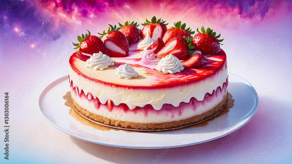 Mousse cake. Strawberry cake with sponge, mousse and jelly on abstract background. Berry cheesecake. Summer dessert.